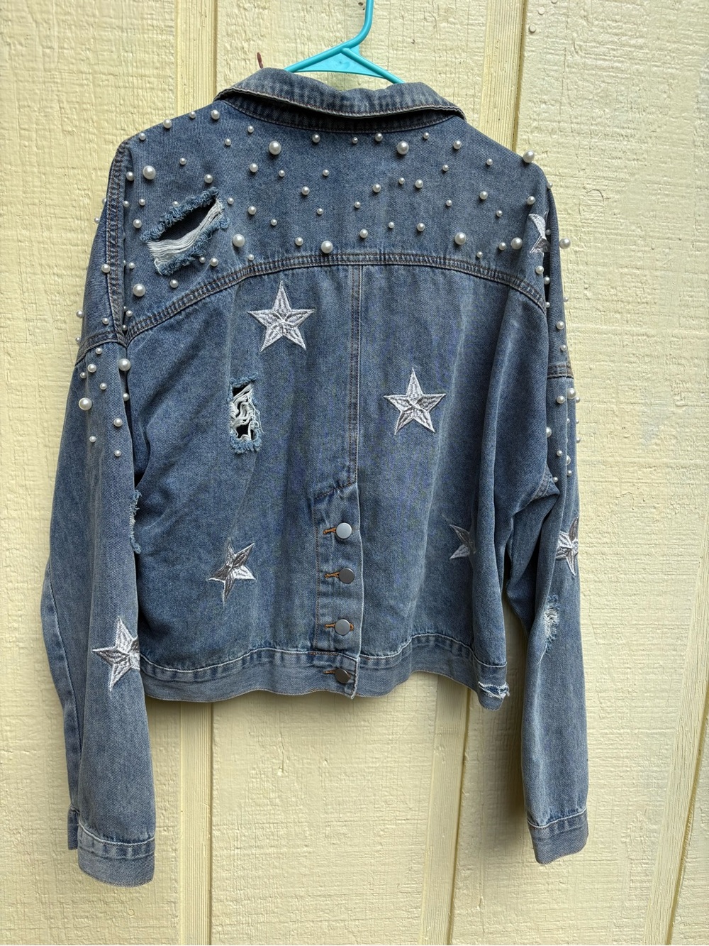 POL Blue Cropped Denim Jacket with Pearl Studs & Star Patches - Picture 2 of 2